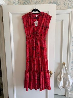 10 Crosby Derek Lam Red Printed V-Neck Tiered Maxi Dress